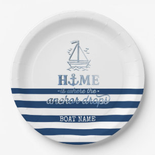 Assiettes En Carton Nom du bateau nautique, Ancre Marine Bleu rayé