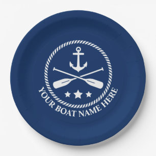 Assiettes En Carton Nom du bateau ou texte Ancre et aviron Navy Blue
