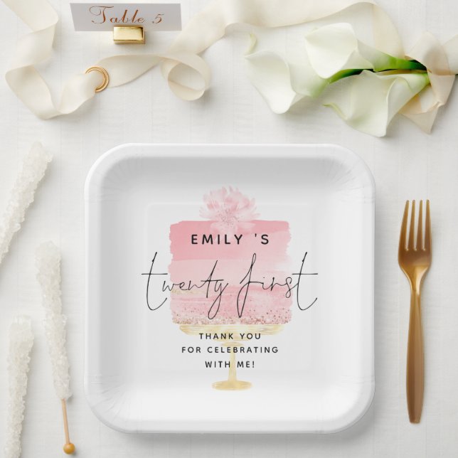 Assiettes En Carton Nom du gâteau rose tendance 21e anniversaire Merci (Mariage)