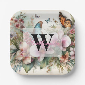 Assiettes En Carton Nom du monogramme Fleurs tropicales Aquarelle feui