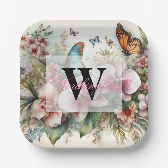 Assiettes En Carton Nom du monogramme Fleurs tropicales Aquarelle feui (Recto)