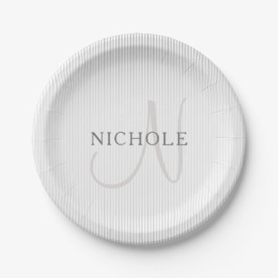 Assiettes En Carton Nom élégant Monogramme & fines rayures ombrées gri