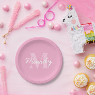 Assiettes En Carton Nom et monogramme curieux à l'air mignon Rose