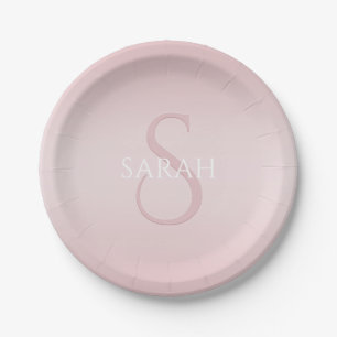 Assiettes En Carton Nom et monogramme ombré rose pâle moderne élégant