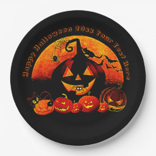 Assiettes En Carton Nom Halloween Année 20xx Citrouille Lumineuse Chat