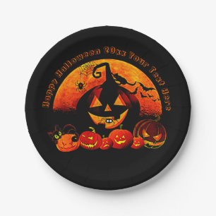 Assiettes En Carton Nom Halloween Année 20xx Citrouille Lumineuse Chat