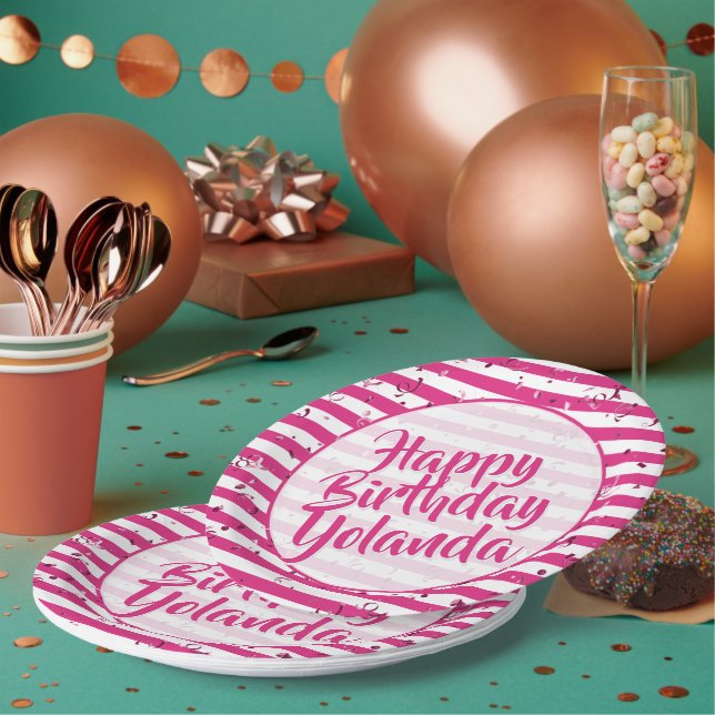 Assiettes En Carton Nom Joyeux anniversaire Fuchsia Simple Stripes Mot (Multi)