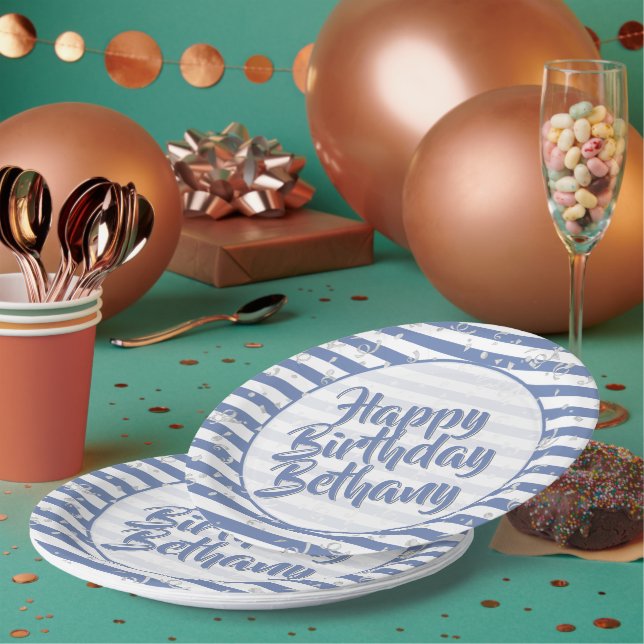 Assiettes En Carton Nom | Joyeux anniversaire Simple Stripes Motif Ble (Multi)