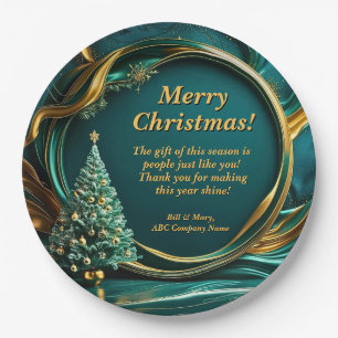 Assiettes En Carton Nom Message Société Green Gold Christmas Tree 9"