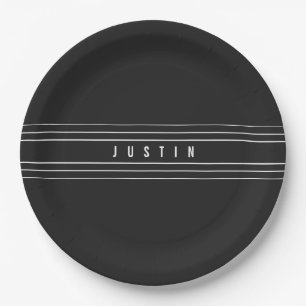 Assiettes En Carton Nom modifiable et bandes géométriques Noir et bl