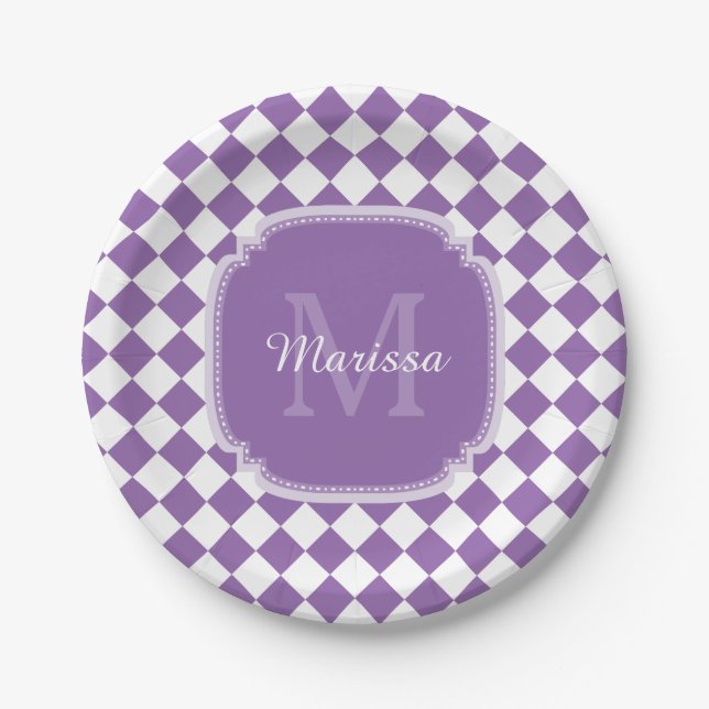 Assiettes En Carton Nom monogrammé à la mode violet clair (Devant)