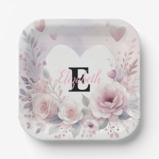 Assiettes En Carton Nom monogramme cœurs floraux aquarelle romantique