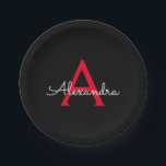 Assiettes En Carton Nom Monogramme Féminin Script Rouge Noir<br><div class="desc">Plaques de fête de script de monogramme rouge et noir Ajoutez votre propre nom. Cela fait le parfait cadeau d'anniversaire pour un 16e anniversaire, un mariage, une douche de mariée, un anniversaire, une baby shower ou une fête de bachelorette pour quelqu'un qui aime le luxe glamour et les styles chics....</div>