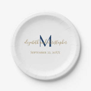 Assiettes En Carton Nom monogramme Initiales Mariage d'or bleu