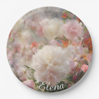 Assiettes En Carton Nom Peinture Aquarelle Pivoines Blanches et Roses