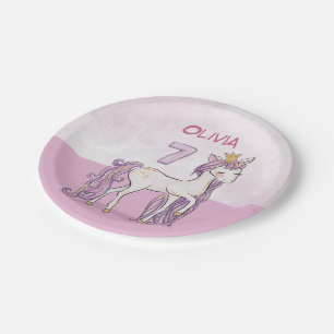 Assiettes En Carton Nom personnalisé 7e anniversaire Cheval rose avec