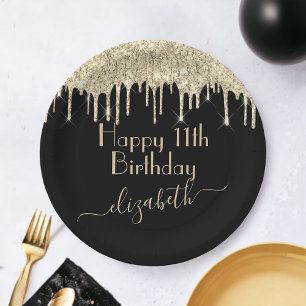 Assiettes En Carton Nom personnalisé + Âge Paillettes noires et dorées