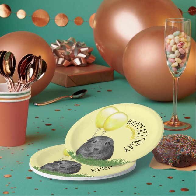 Assiettes En Carton Nom personnalisé Anniversaire Guinée Cochon Ballon (Multi)