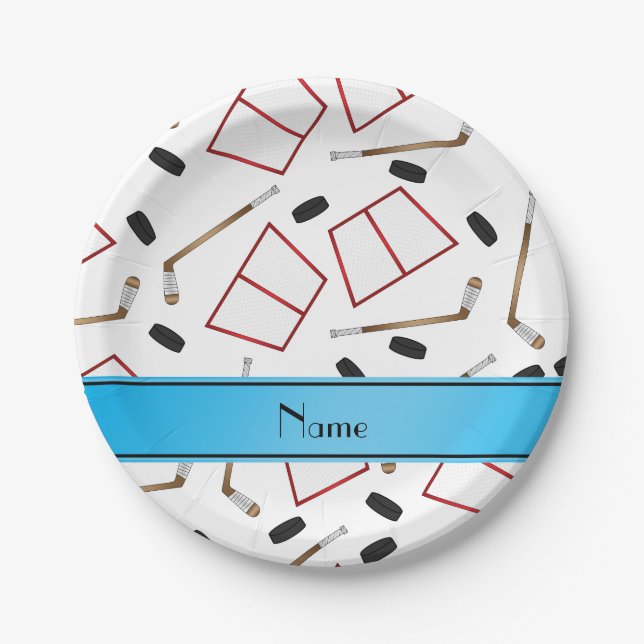 Assiettes En Carton Nom personnalisé bâtons de hockey blanc filets (Devant)