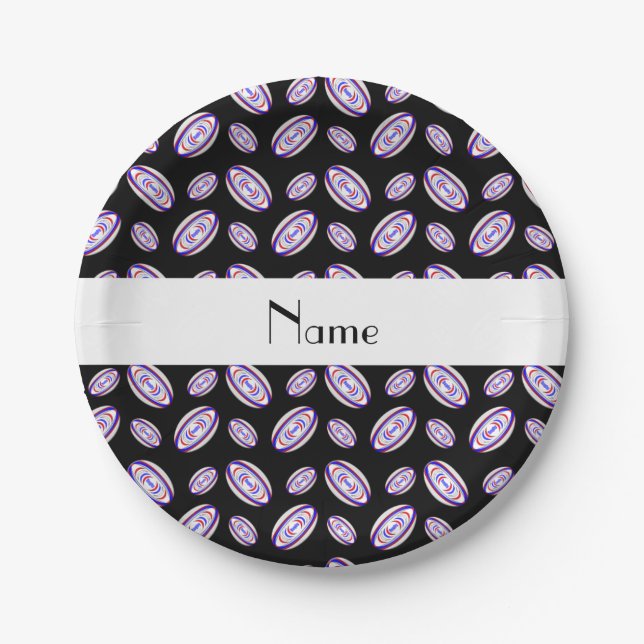 Assiettes En Carton Nom personnalisé boules de rugby noir (Devant)