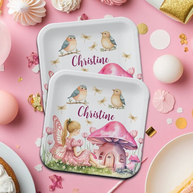 Assiettes En Carton Nom personnalisé Champignons poilus roses (Créateur téléchargé)