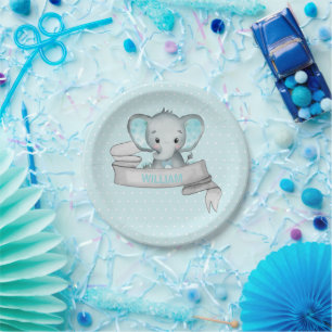 Assiettes En Carton Nom personnalisé Elephant Baby Boy Blue & Grey