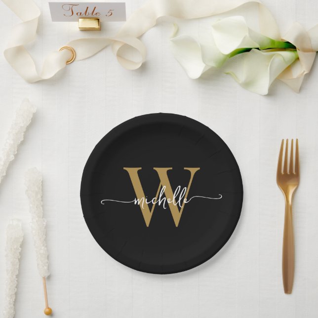 Assiettes En Carton Nom personnalisé en écriture avec monogramme perso (Mariage)
