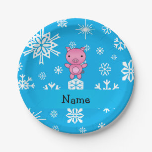 Assiettes En Carton Nom personnalisé Flacon de neige bleu cochon