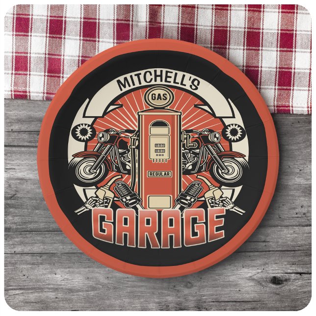 Assiettes En Carton Nom personnalisé Garage moto moto pompe à gaz rétr (Créateur téléchargé)
