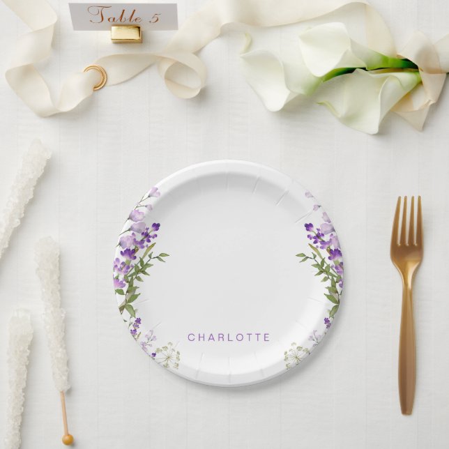 Assiettes En Carton Nom personnalisé Greenery Lavender Douche (Mariage)