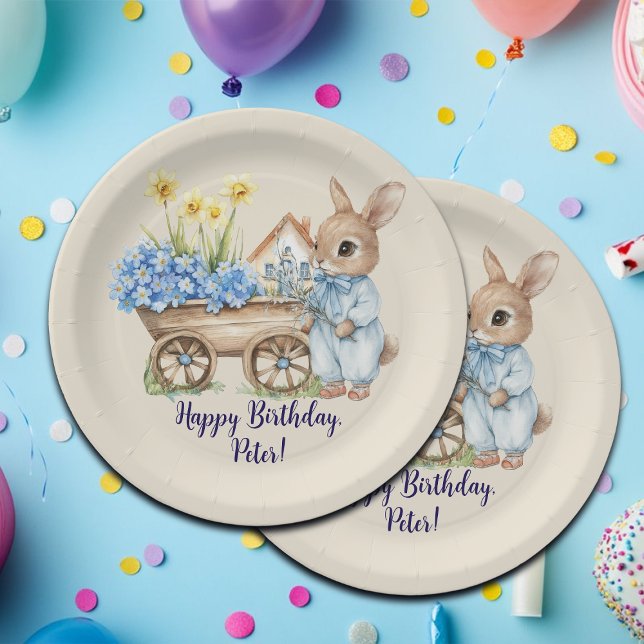 Assiettes En Carton Nom personnalisé Lapin avec Fleurs Bleues Annivers (Créateur téléchargé)