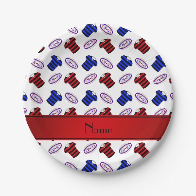 Assiettes En Carton Nom personnalisé maillots blancs boules de rugby (Devant)