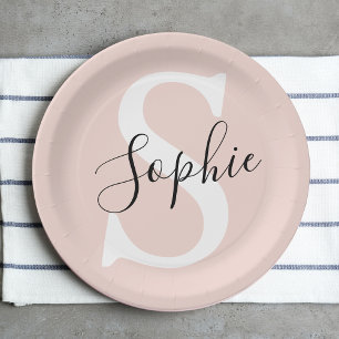 Assiettes En Carton Nom personnalisé moderne Monogram Pastel Rose