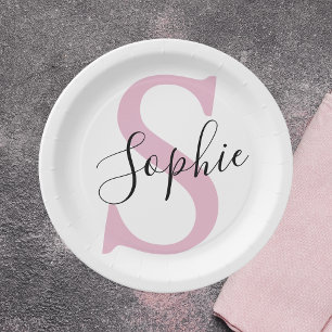 Assiettes En Carton Nom personnalisé moderne Monogramme rose