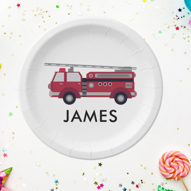 Assiettes En Carton Nom personnalisé moderne Red Fire truck Anniversai (Fireman Firetruck Boys birthday Party paper plate Modern Firefighter birthday theme)
