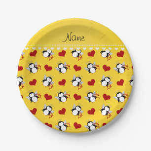 Assiettes En Carton Nom personnalisé pingouins cupides jaune coeur rou