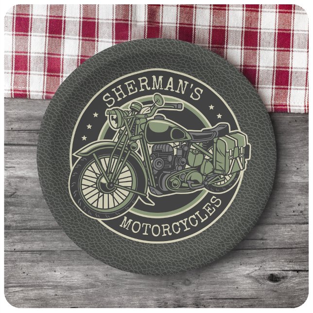 Assiettes En Carton NOM personnalisé Retro Military Motorcycle Biker (Créateur téléchargé)