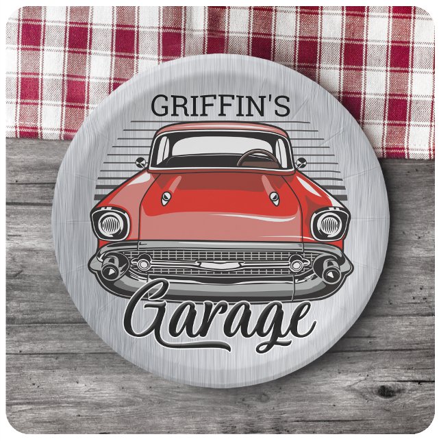 Assiettes En Carton NOM personnalisé Retro Red Classic Car Garage (Créateur téléchargé)