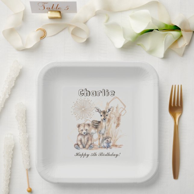 Assiettes En Carton Nom personnalisé Texte Boho Woodland Forest Animal (Mariage)