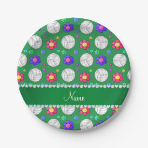 Assiettes En Carton Nom personnalisé vert volleyball arc-en-ciel fleur
