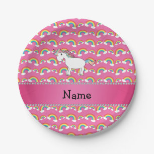 Assiettes En Carton Nom personnel unicorn pastel rose arc-en-ciel