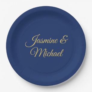 Assiettes En Carton Noms de couple de calligraphie chic adorables bleu