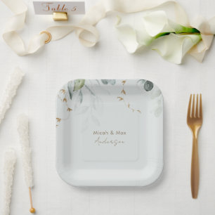 Assiettes En Carton Noms de couple Elegant Feuillage Vert clair
