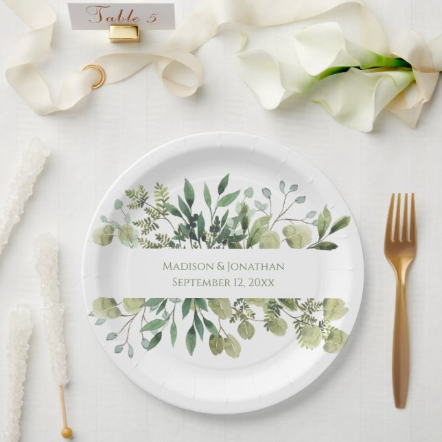 Assiettes En Carton Noms de l'aquarelle de l'Eucalyptus mariage Date (Mariage)