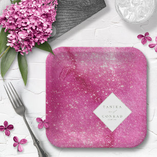 Assiettes En Carton Noms de l'aquarelle du mariage Fuchsia ID954