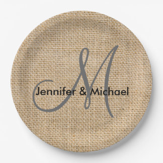 Assiettes En Carton Noms des mariées Mariages du monogramme de Burlap