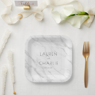 Assiettes En Carton Noms élégants en marbre blanc