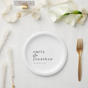 Assiettes En Carton Noms minimalistes Date Mariage de texte noir blanc