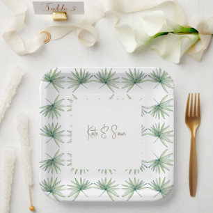 Assiettes En Carton Noms Personnalisés Blancs Mariage Tropical Palmier