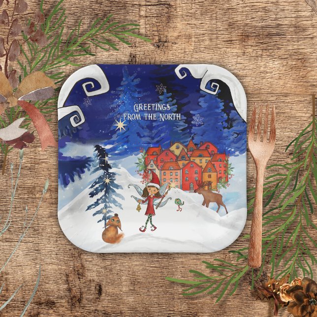 Assiettes En Carton Nordic Village & Winter Fairy Square Paper Plates (Nordic Village & Winter Fairy Square Paper Plates)